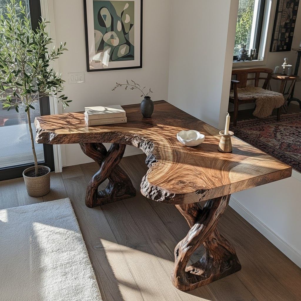 Solid Wood Live-Edge Console Table Gnarled Root Base Natural Living Room Accent