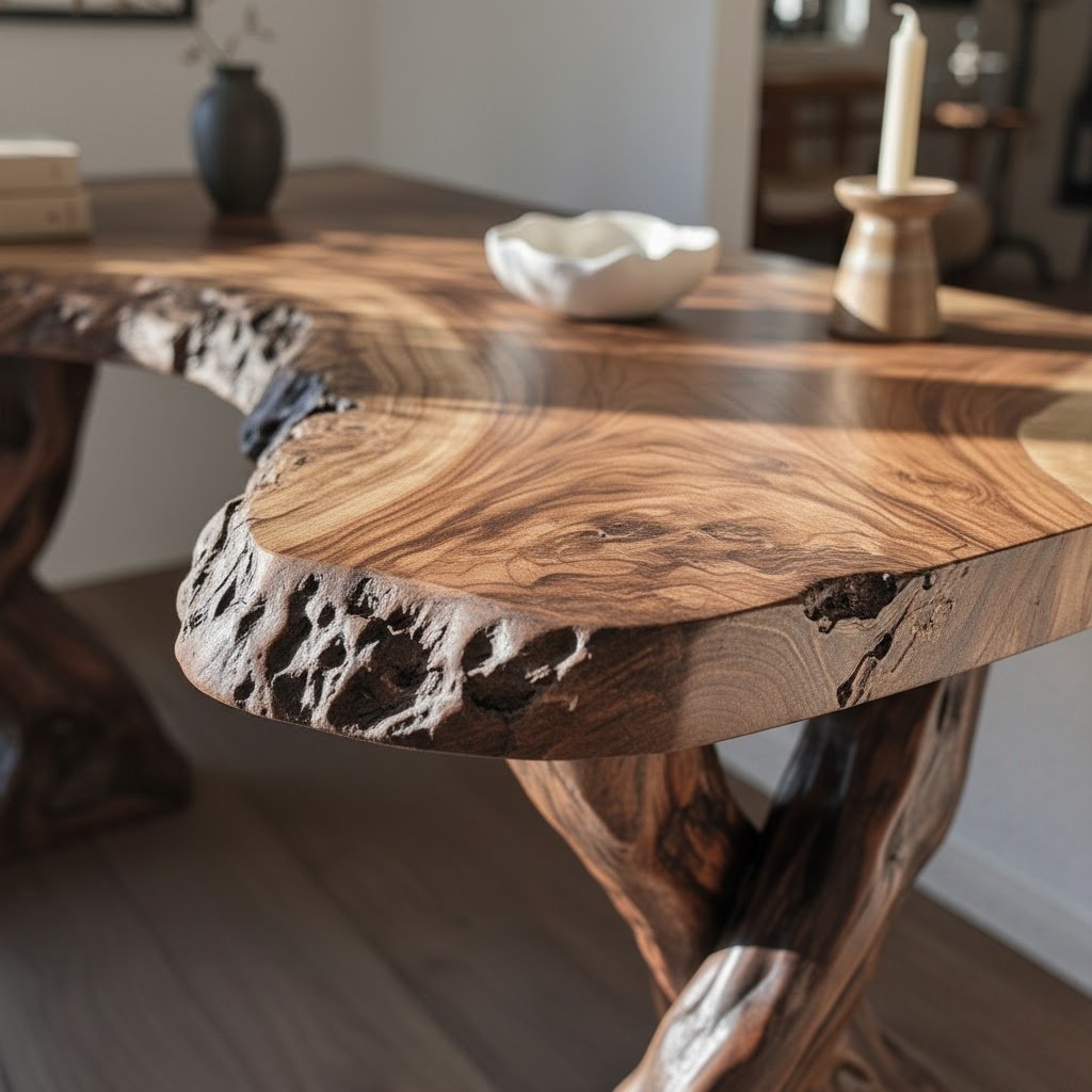 Solid Wood Live-Edge Console Table Gnarled Root Base Natural Living Room Accent
