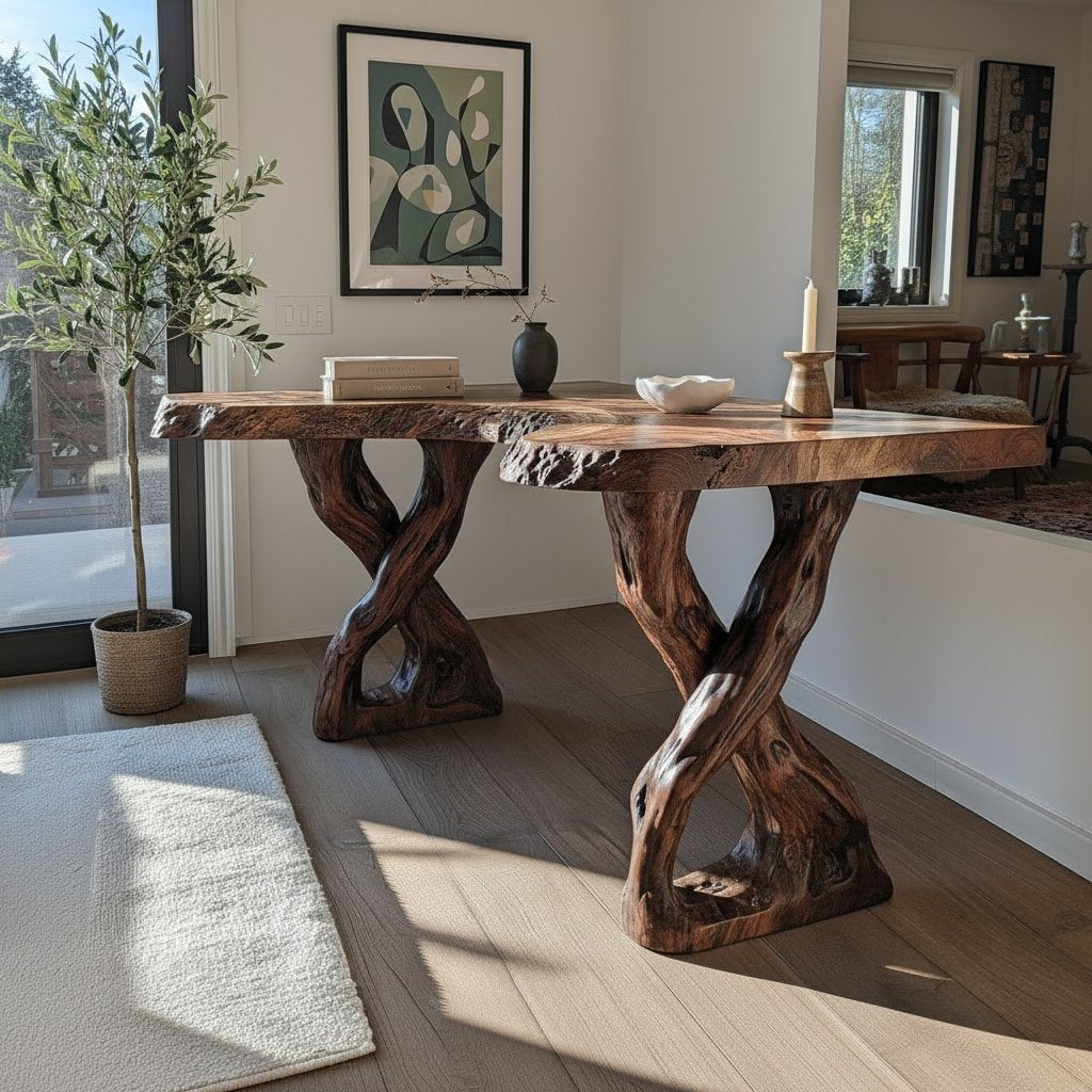 Solid Wood Live-Edge Console Table Gnarled Root Base Natural Living Room Accent