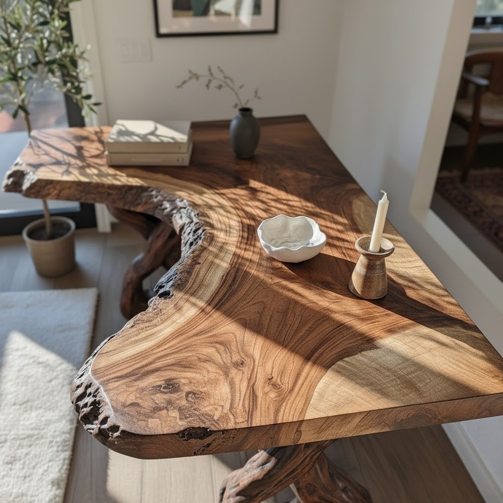 Solid Wood Live-Edge Console Table Gnarled Root Base Natural Living Room Accent
