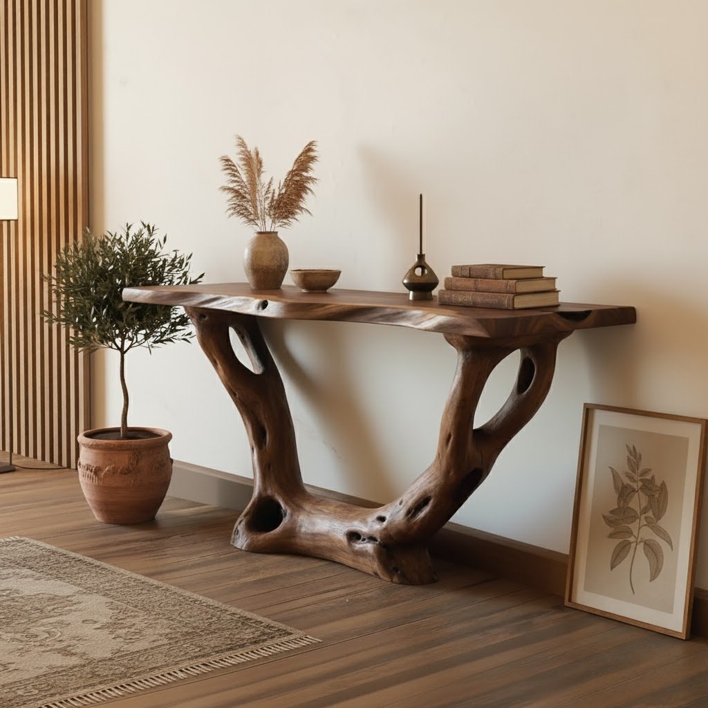 Solid Wood Live-Edge Console Table Curved Open Loop Base Oak Entryway