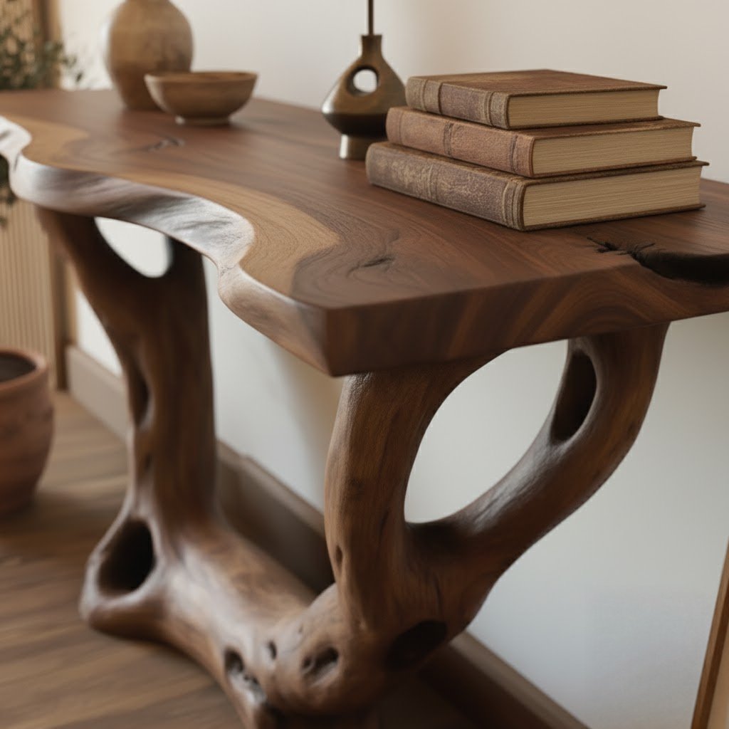 Solid Wood Live-Edge Console Table Curved Open Loop Base Oak Entryway