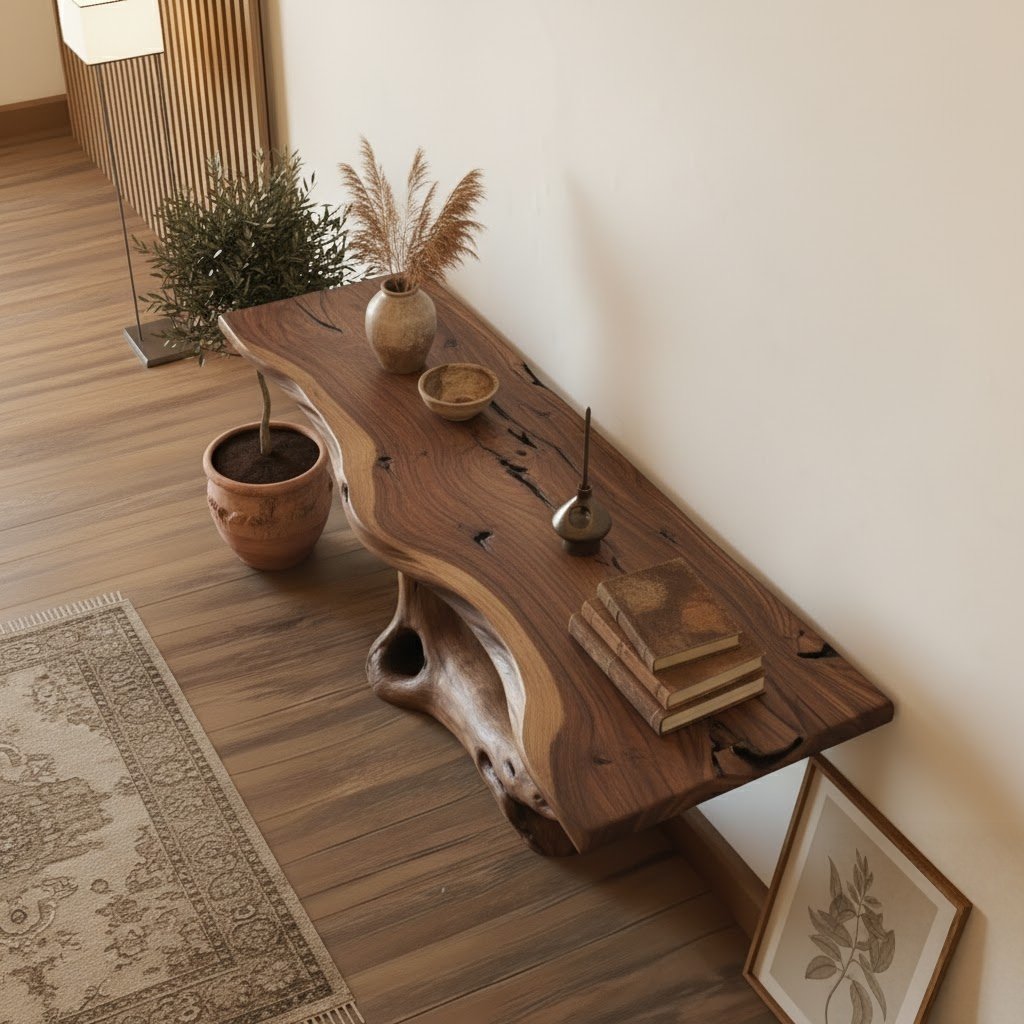 Solid Wood Live-Edge Console Table Curved Open Loop Base Oak Entryway