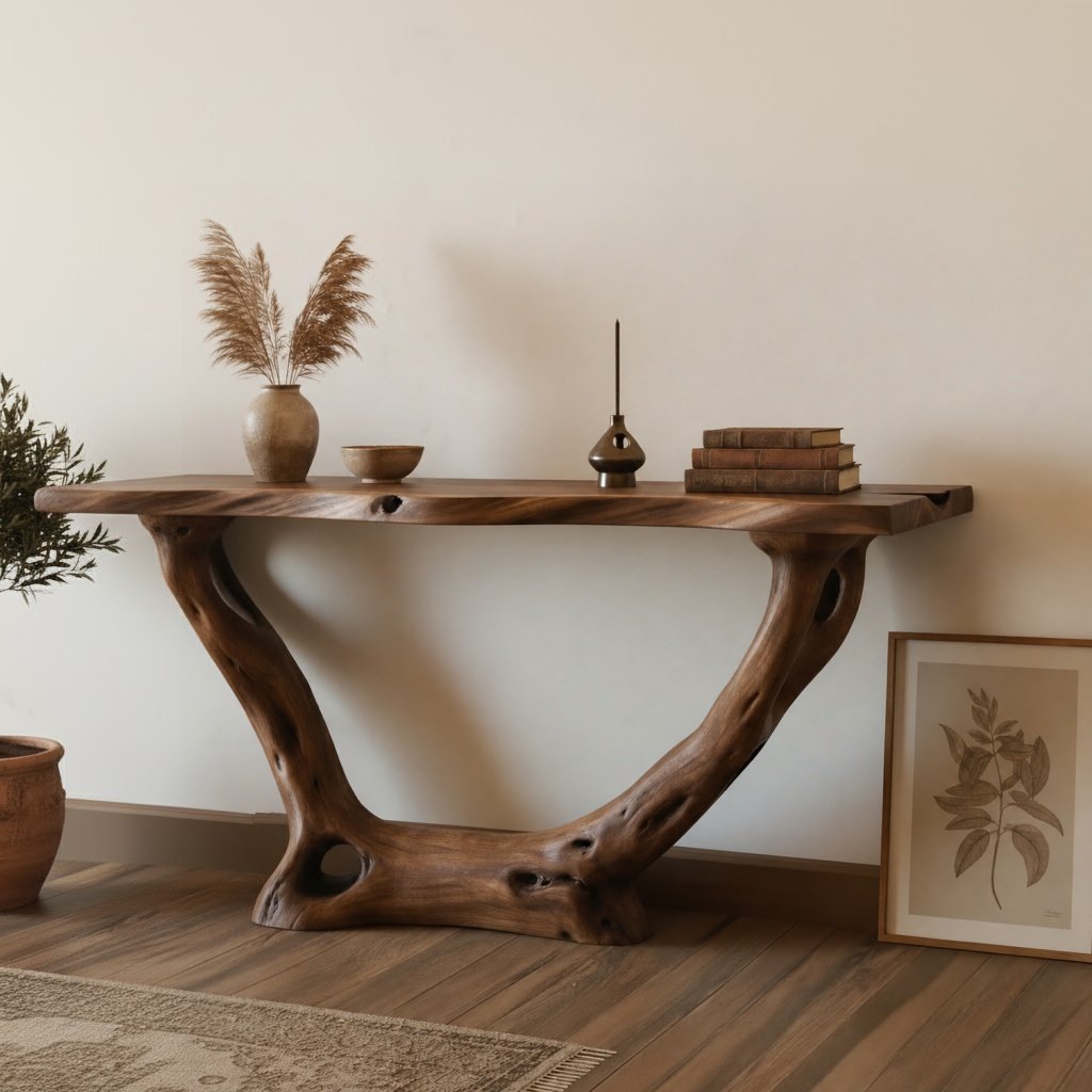 Solid Wood Live-Edge Console Table Curved Open Loop Base Oak Entryway