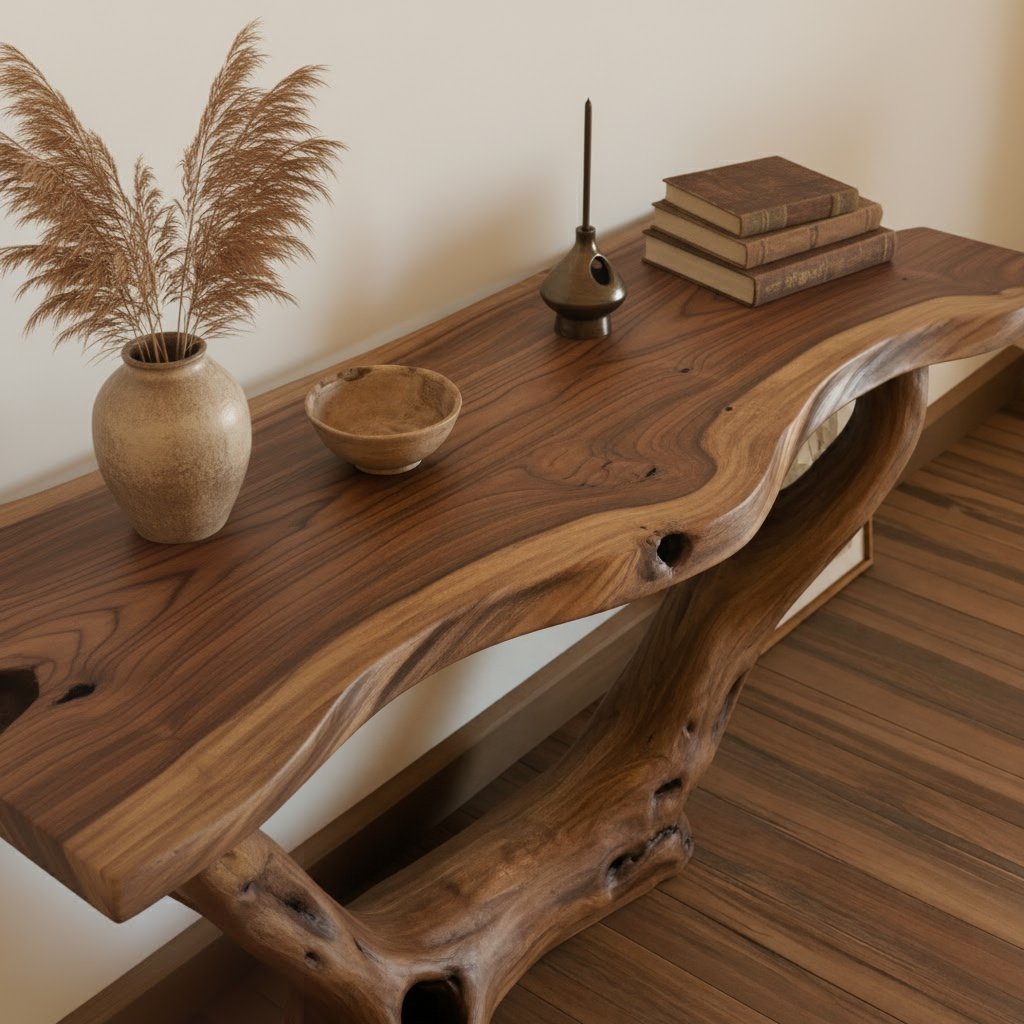 Solid Wood Live-Edge Console Table Curved Open Loop Base Oak Entryway