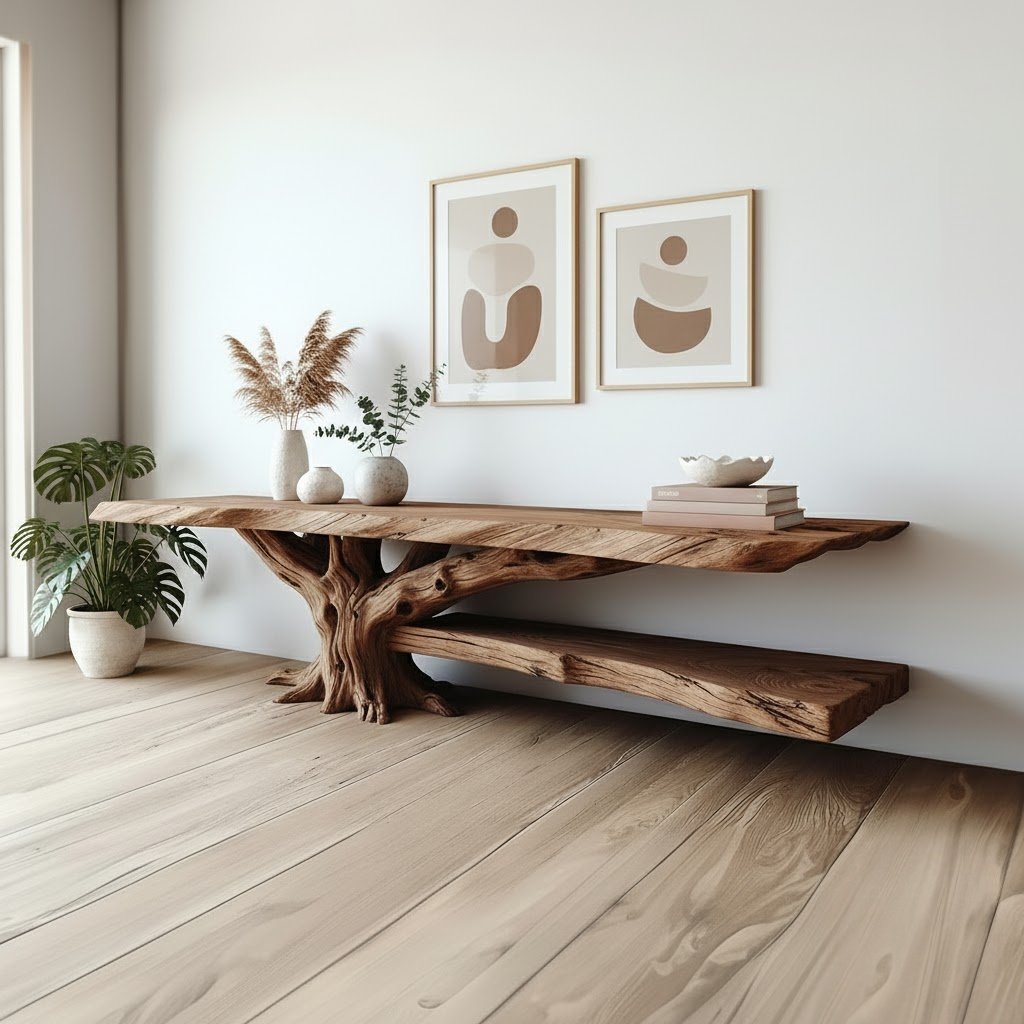 Solid Wood Live-Edge Console Table Root Pedestal Lower Shelf Entryway Storage