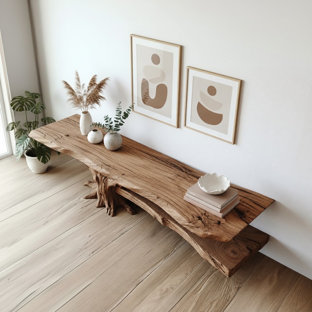 Solid Wood Live-Edge Console Table Root Pedestal Lower Shelf Entryway Storage