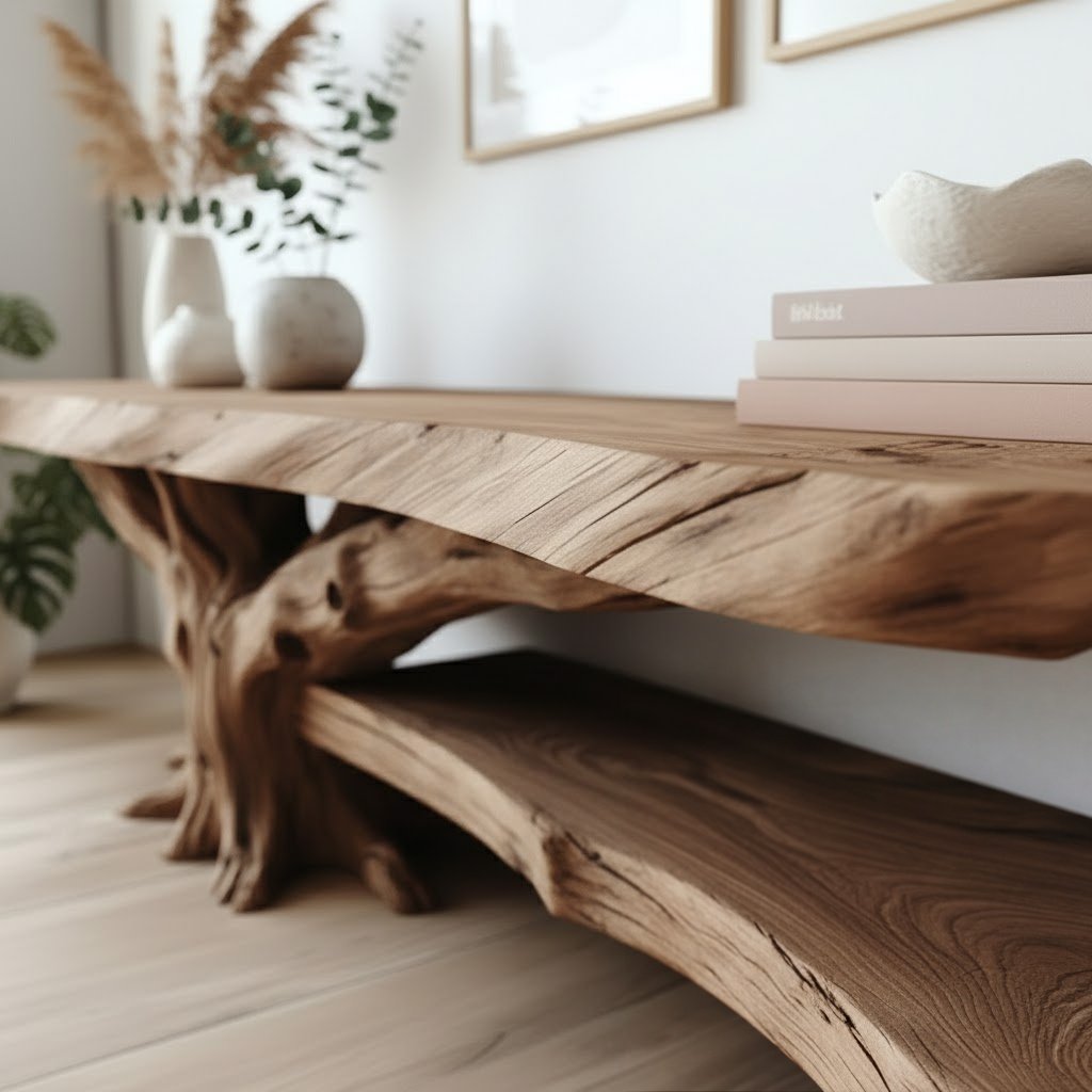 Solid Wood Live-Edge Console Table Root Pedestal Lower Shelf Entryway Storage