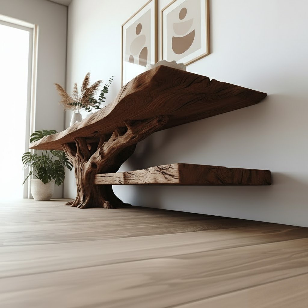 Solid Wood Live-Edge Console Table Root Pedestal Lower Shelf Entryway Storage