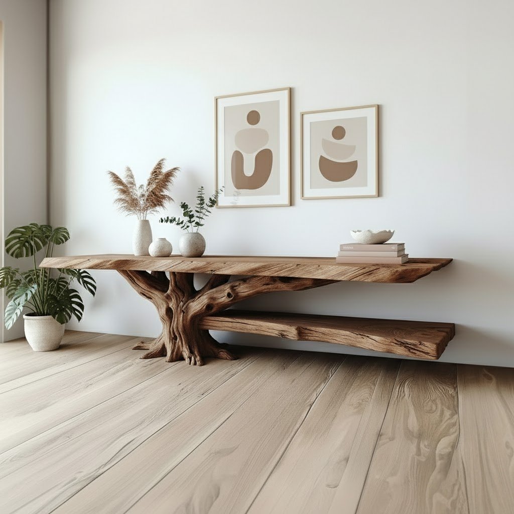 Solid Wood Live-Edge Console Table Root Pedestal Lower Shelf Entryway Storage