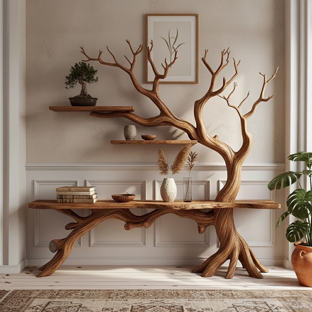 Solid Wood Tree-Branch Console Table Branching Limb Shelves Walnut Living Room
