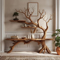 Solid Wood Tree-Branch Console Table Branching Limb Shelves Walnut Living Room