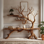 Solid Wood Tree-Branch Console Table Branching Limb Shelves Walnut Living Room