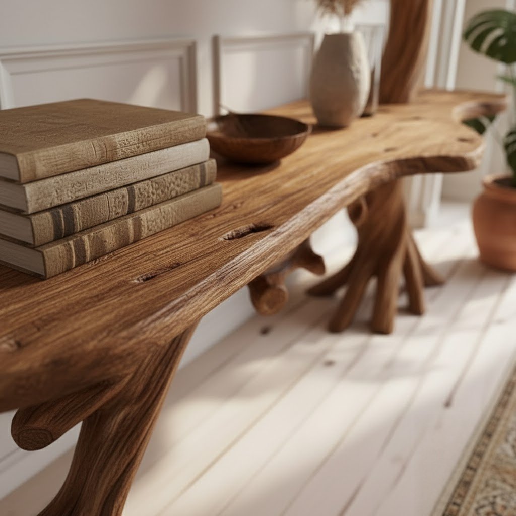 Solid Wood Tree-Branch Console Table Branching Limb Shelves Walnut Living Room