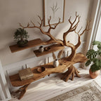 Solid Wood Tree-Branch Console Table Branching Limb Shelves Walnut Living Room