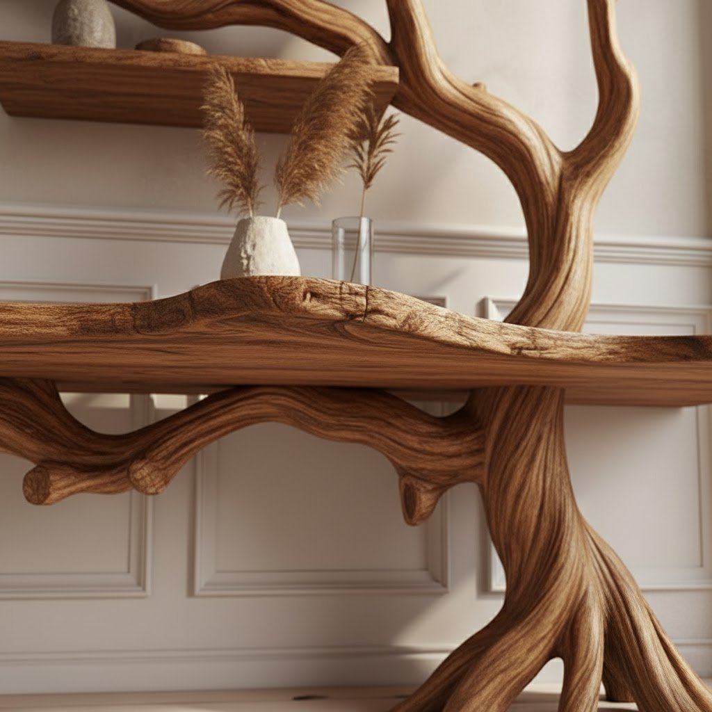 Solid Wood Tree-Branch Console Table Branching Limb Shelves Walnut Living Room