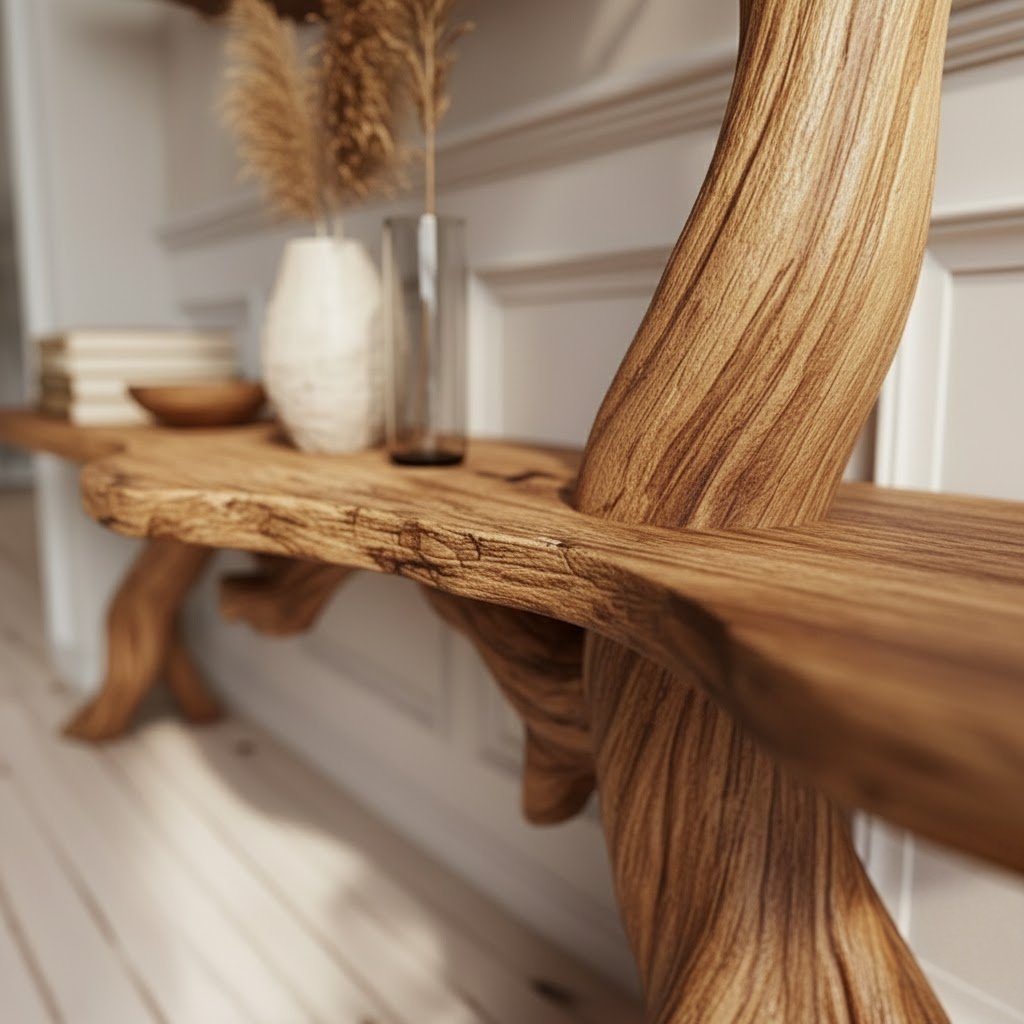 Solid Wood Tree-Branch Console Table Branching Limb Shelves Walnut Living Room