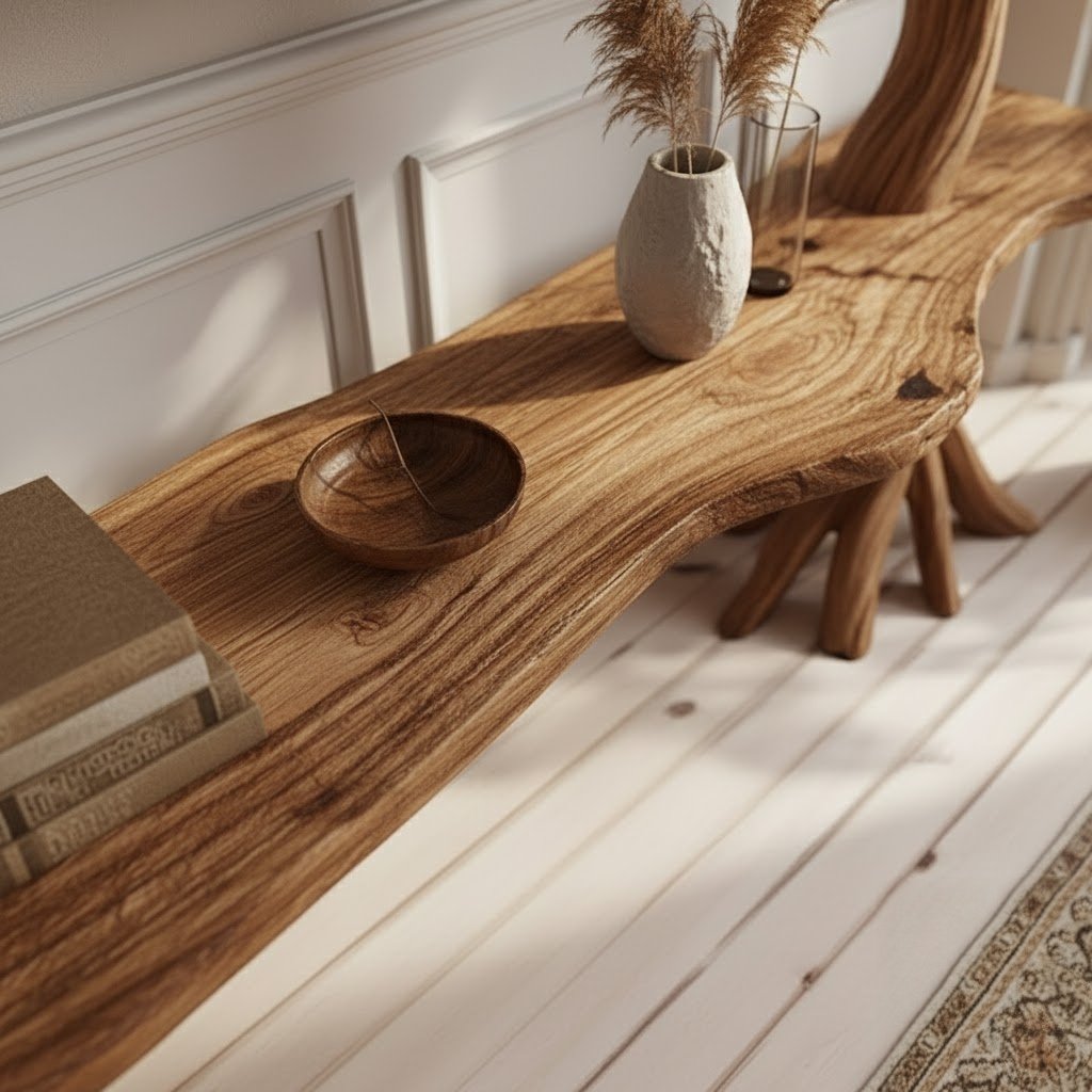Solid Wood Tree-Branch Console Table Branching Limb Shelves Walnut Living Room