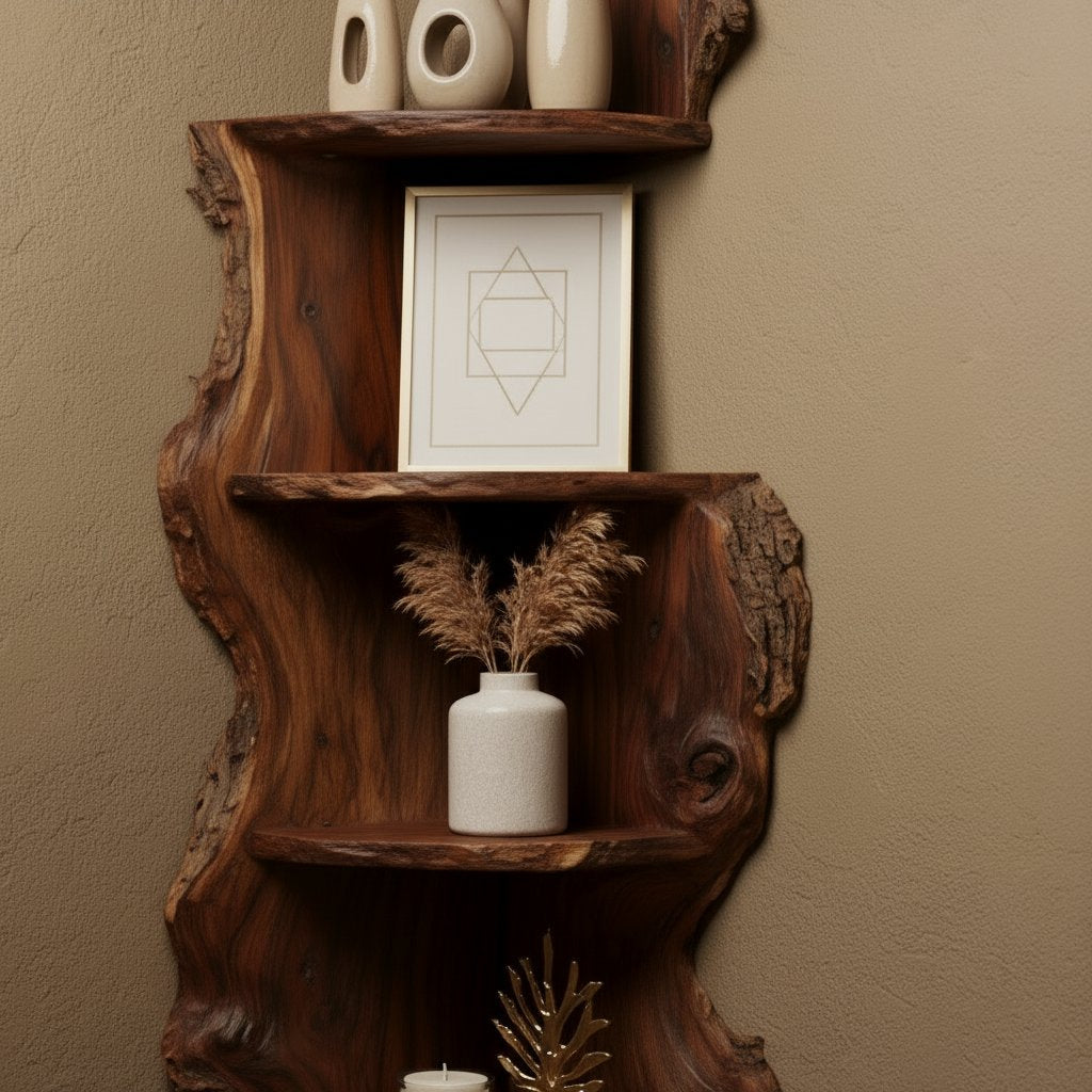 Solid Wood Live-Edge Corner Shelf with Natural Bark Edge for Vertical Corner