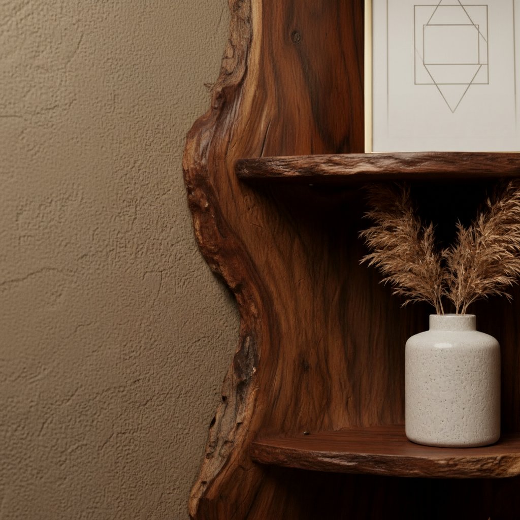 Solid Wood Live-Edge Corner Shelf with Natural Bark Edge for Vertical Corner