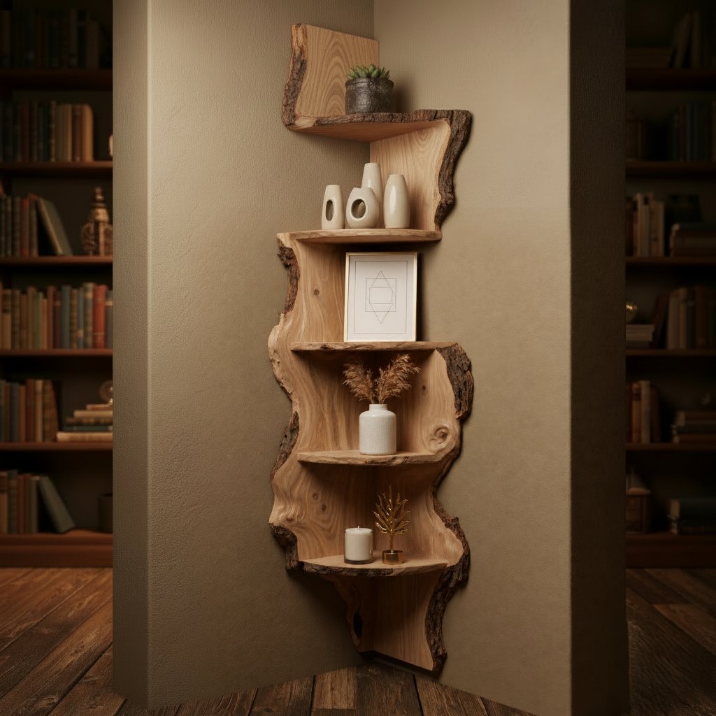 Solid Wood Live-Edge Corner Shelf with Natural Bark Edge for Vertical Corner