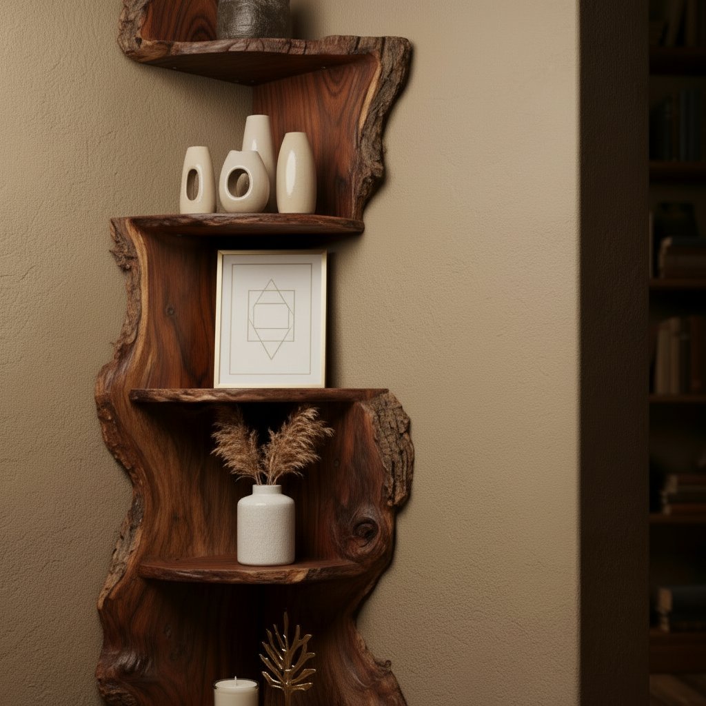Solid Wood Live-Edge Corner Shelf with Natural Bark Edge for Vertical Corner