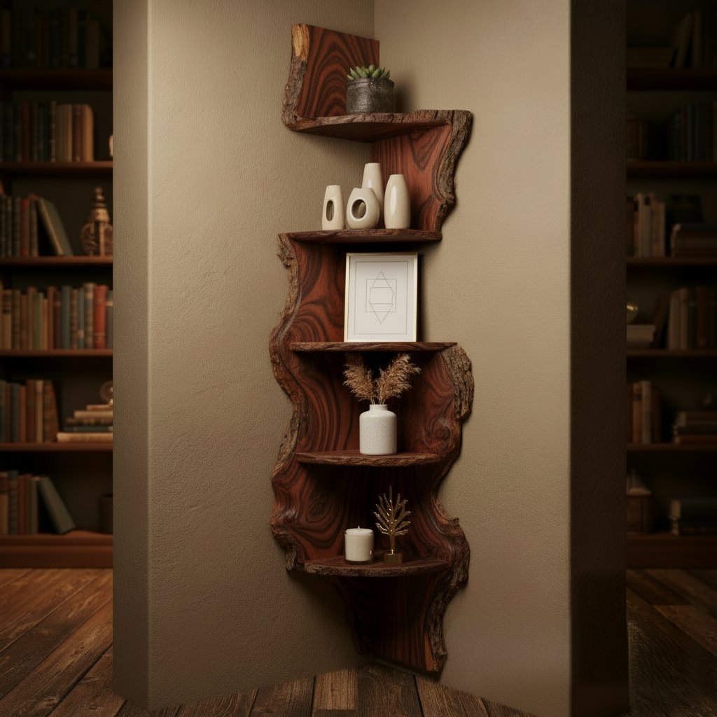 Solid Wood Live-Edge Corner Shelf with Natural Bark Edge for Vertical Corner