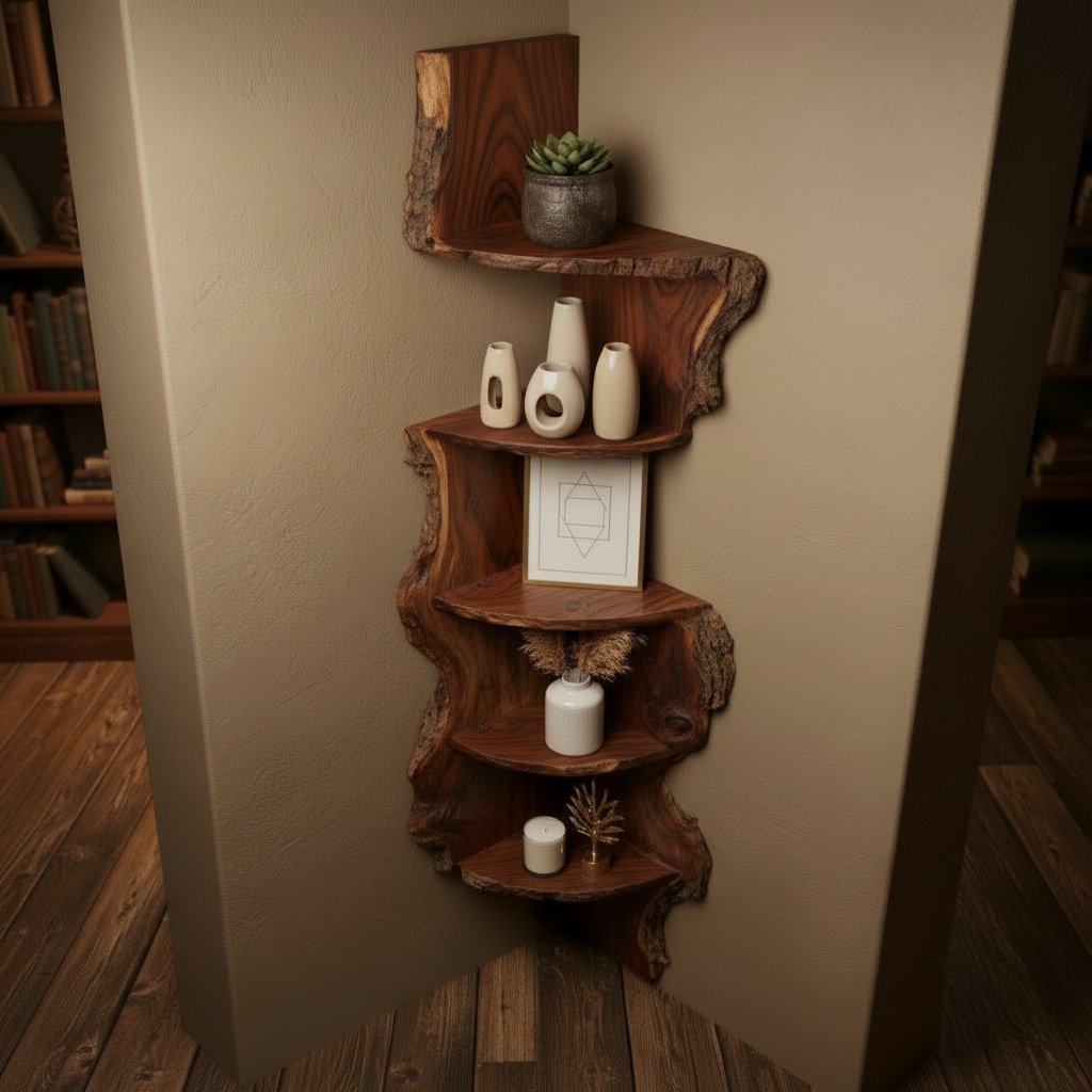 Solid Wood Live-Edge Corner Shelf with Natural Bark Edge for Vertical Corner