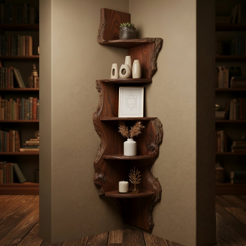 Solid Wood Live-Edge Corner Shelf with Natural Bark Edge for Vertical Corner