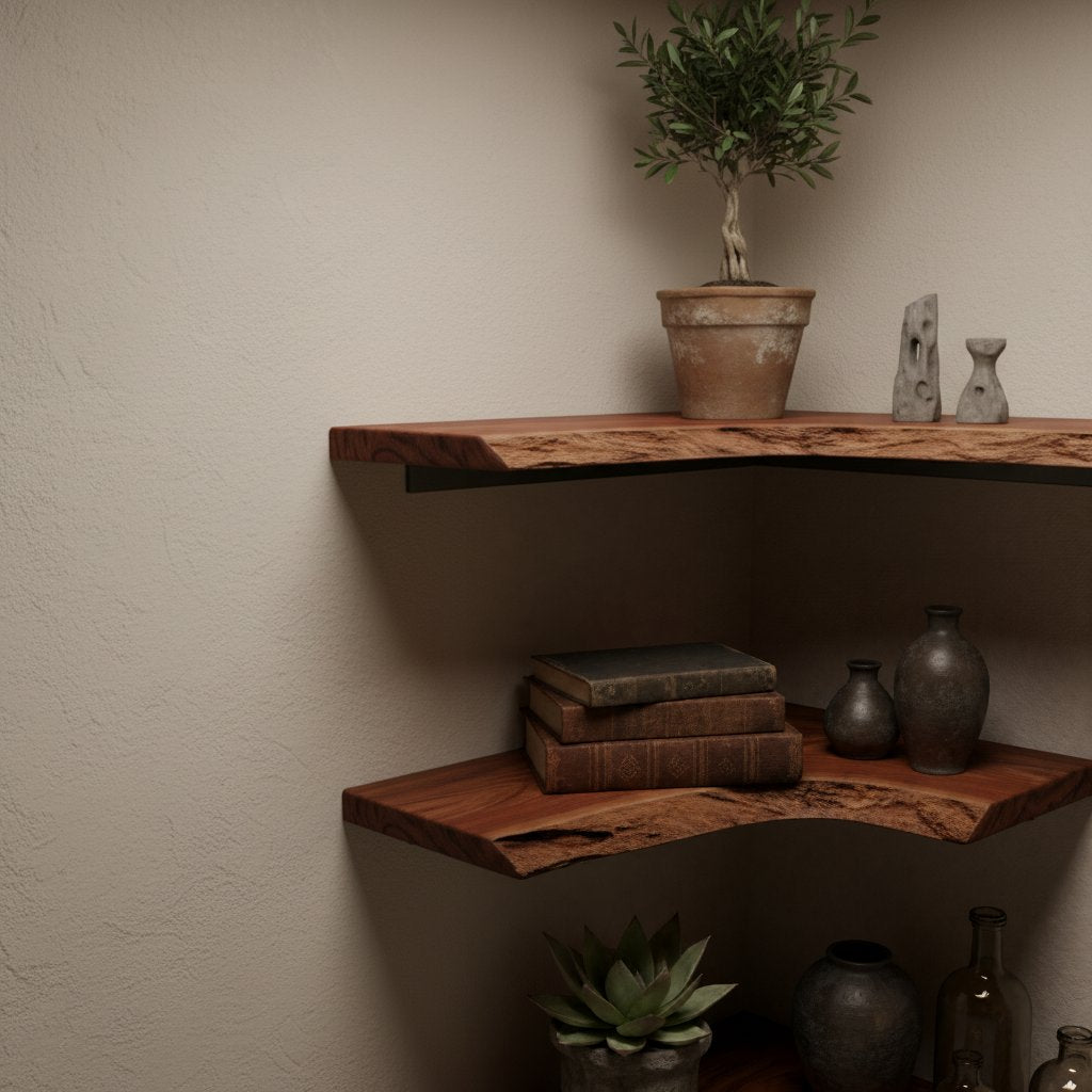 Solid Wood Tiered Live-Edge Corner Shelf Two Levels for Room Corner