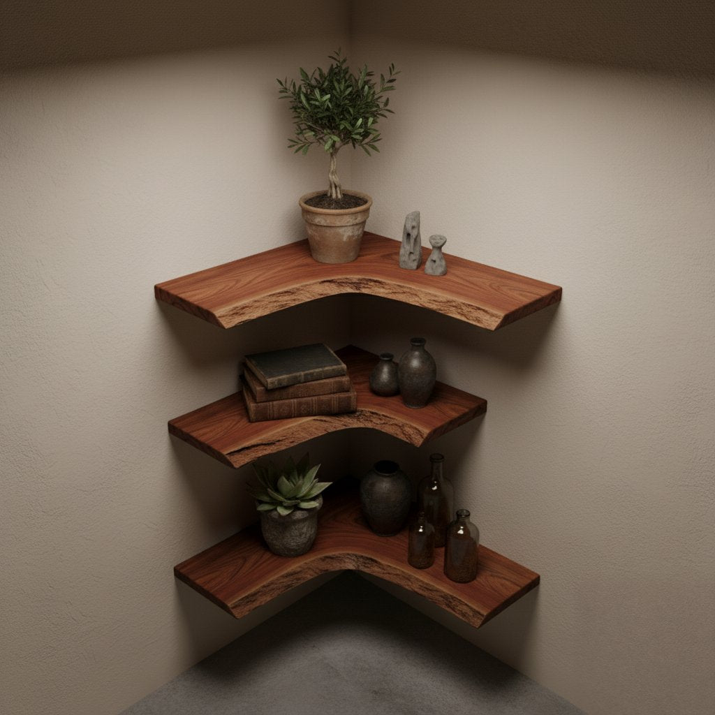 Solid Wood Tiered Live-Edge Corner Shelf Two Levels for Room Corner