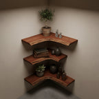 Solid Wood Tiered Live-Edge Corner Shelf Two Levels for Room Corner