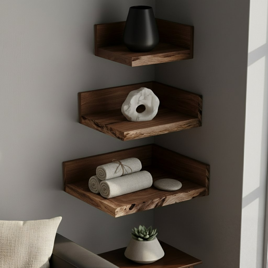 Solid Wood Tiered Floating Corner Shelf Walnut Tone Stacked for Corner Display