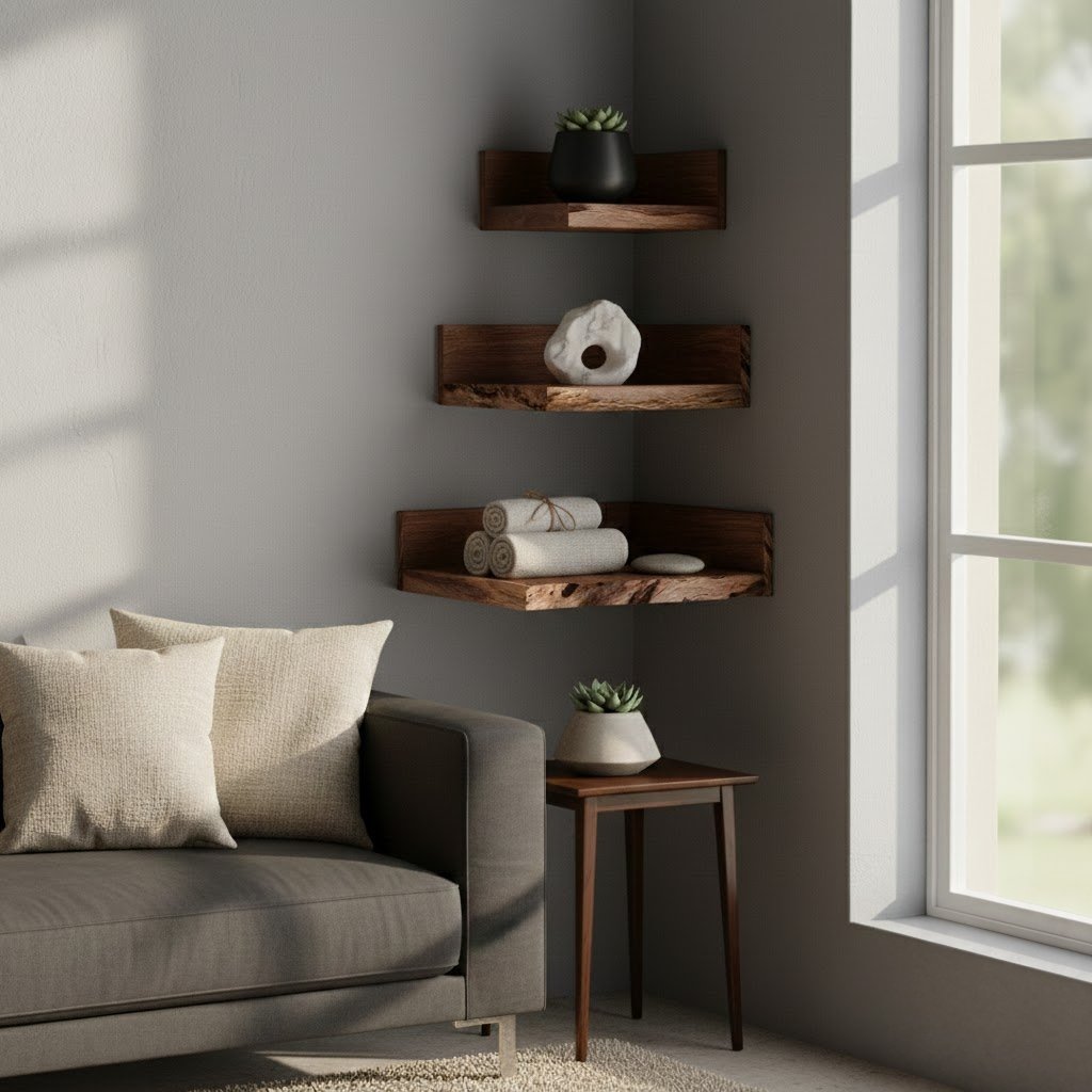 Solid Wood Tiered Floating Corner Shelf Walnut Tone Stacked for Corner Display