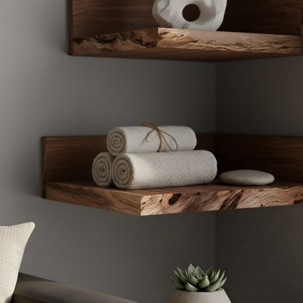 Solid Wood Tiered Floating Corner Shelf Walnut Tone Stacked for Corner Display
