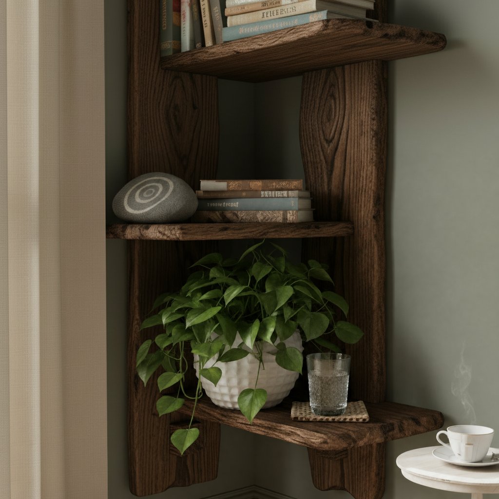 Solid Wood Rustic Floating Corner Shelf Live-Edge for Living Room Plants