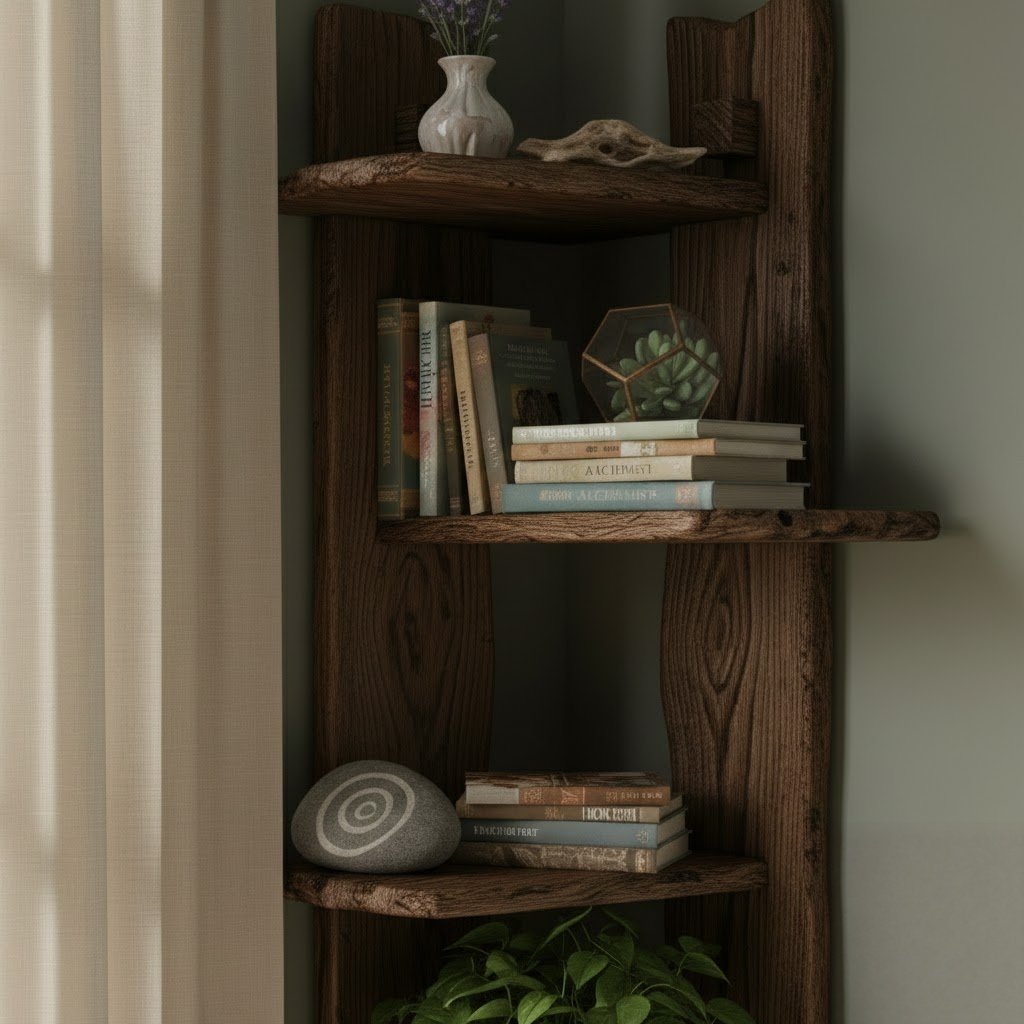 Solid Wood Rustic Floating Corner Shelf Live-Edge for Living Room Plants