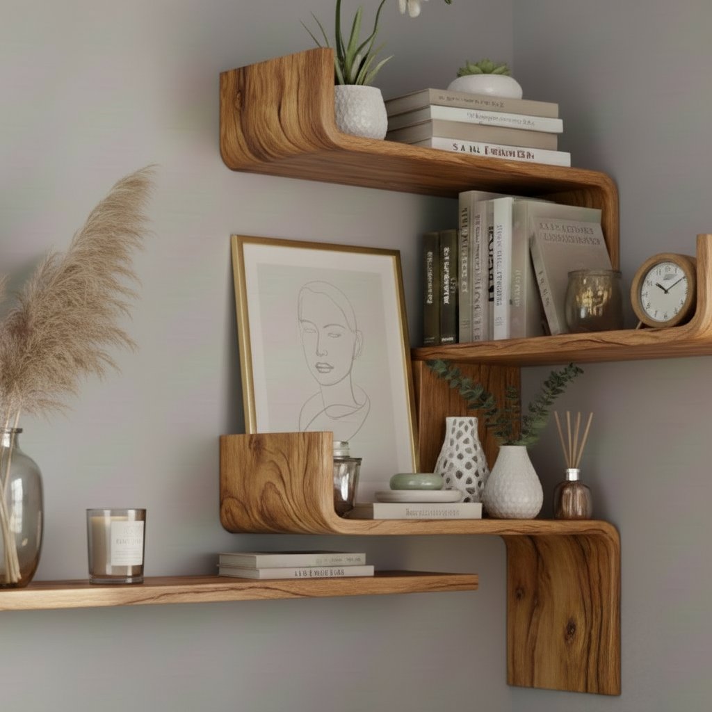 Solid Wood Staggered Floating Corner Shelves Multiple Levels for Living Room