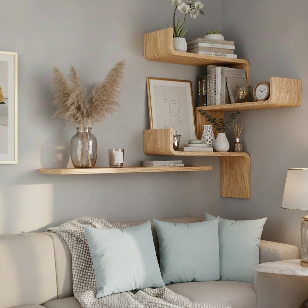 Solid Wood Staggered Floating Corner Shelves Multiple Levels for Living Room