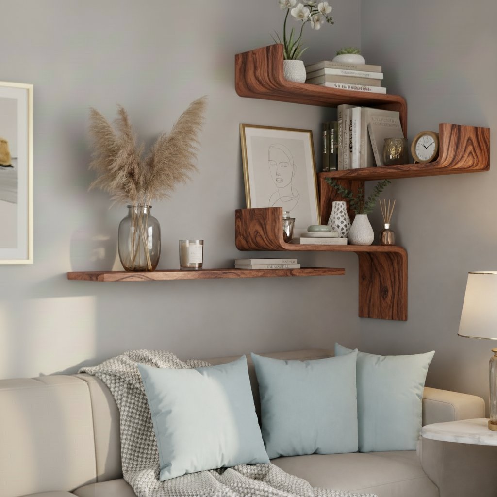Solid Wood Staggered Floating Corner Shelves Multiple Levels for Living Room