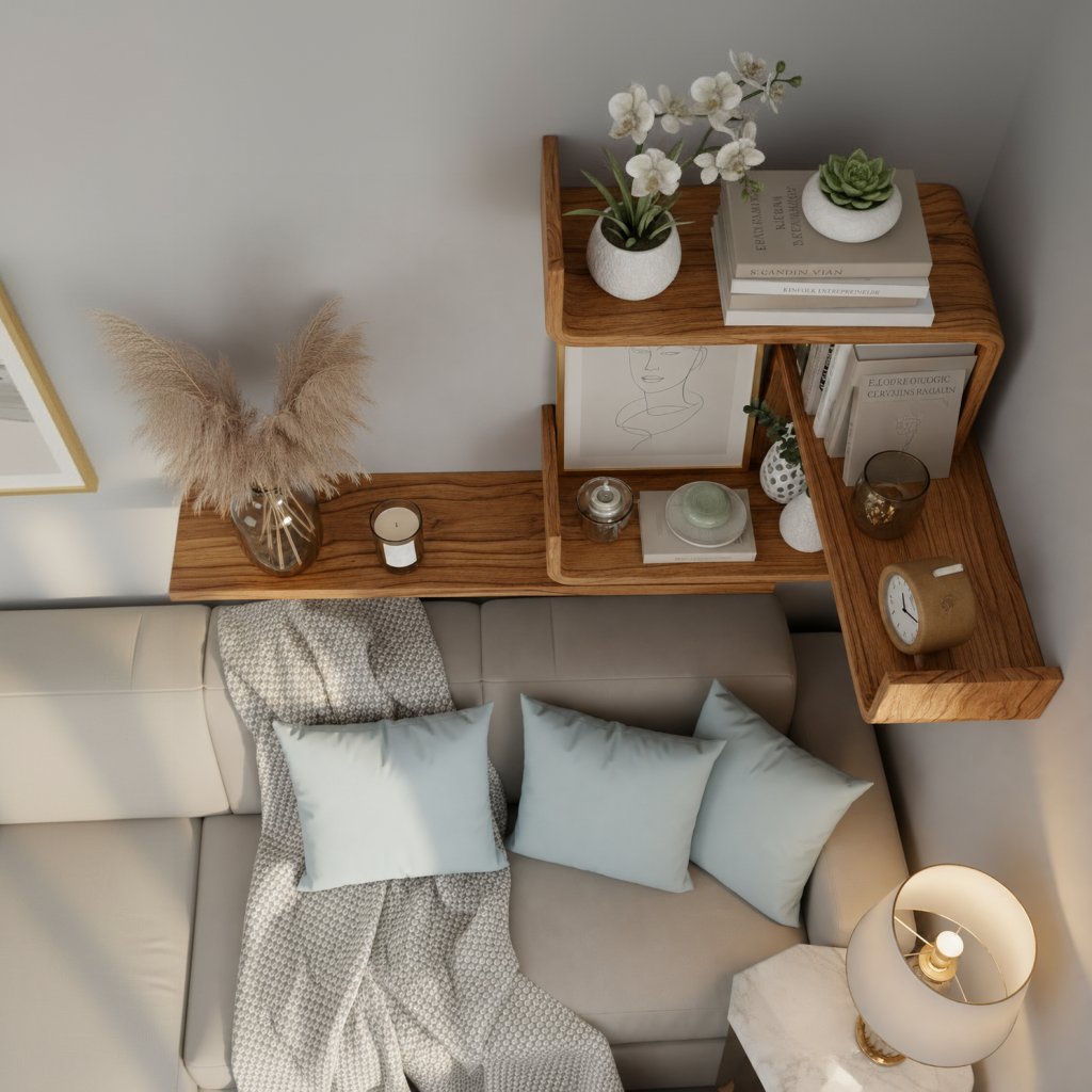 Solid Wood Staggered Floating Corner Shelves Multiple Levels for Living Room
