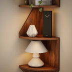 Solid Wood Angular Floating Corner Shelf Walnut Tone for Bedroom Living Room