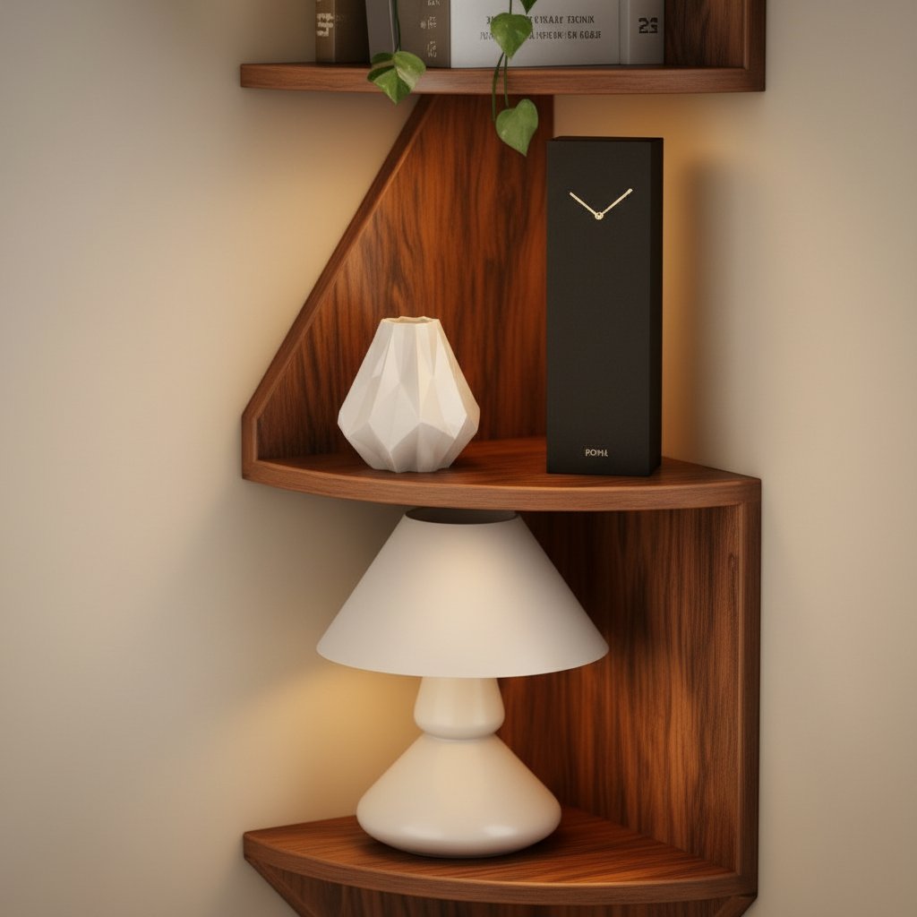 Solid Wood Angular Floating Corner Shelf Walnut Tone for Bedroom Living Room