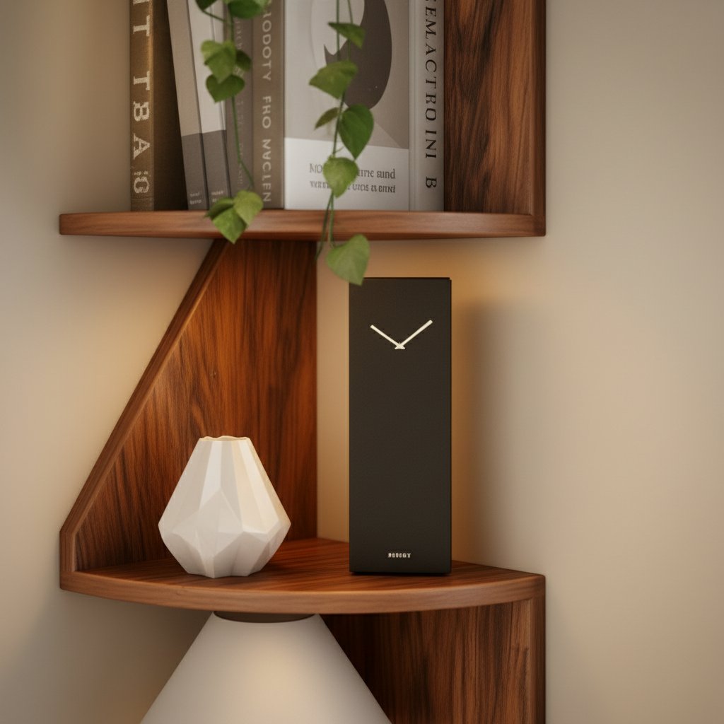 Solid Wood Angular Floating Corner Shelf Walnut Tone for Bedroom Living Room