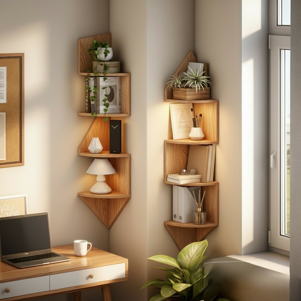 Solid Wood Angular Floating Corner Shelf Walnut Tone for Bedroom Living Room