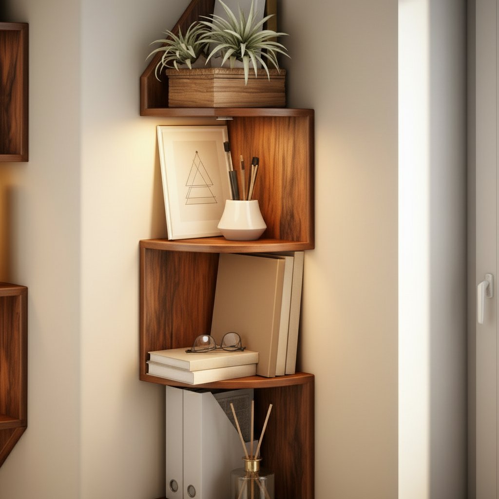 Solid Wood Angular Floating Corner Shelf Walnut Tone for Bedroom Living Room