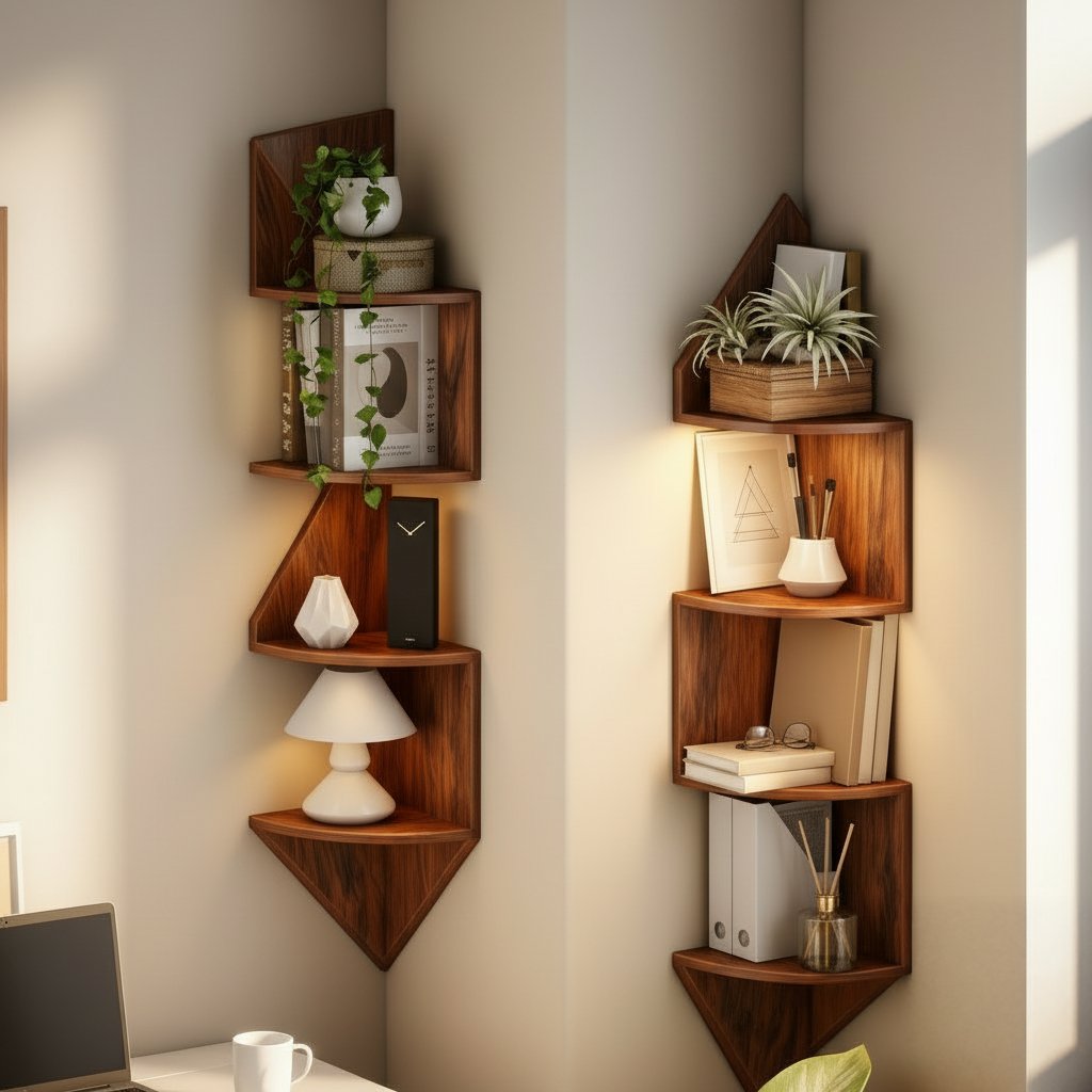Solid Wood Angular Floating Corner Shelf Walnut Tone for Bedroom Living Room