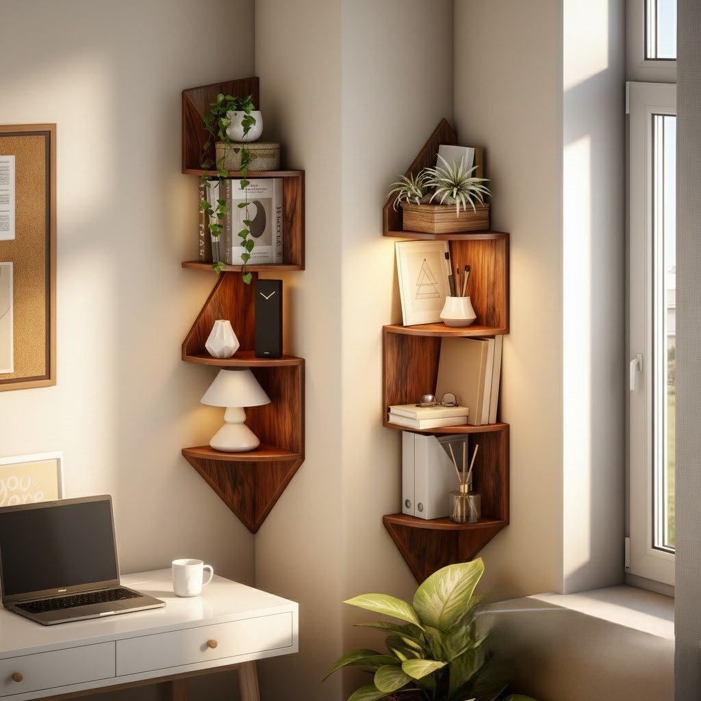 Solid Wood Angular Floating Corner Shelf Walnut Tone for Bedroom Living Room