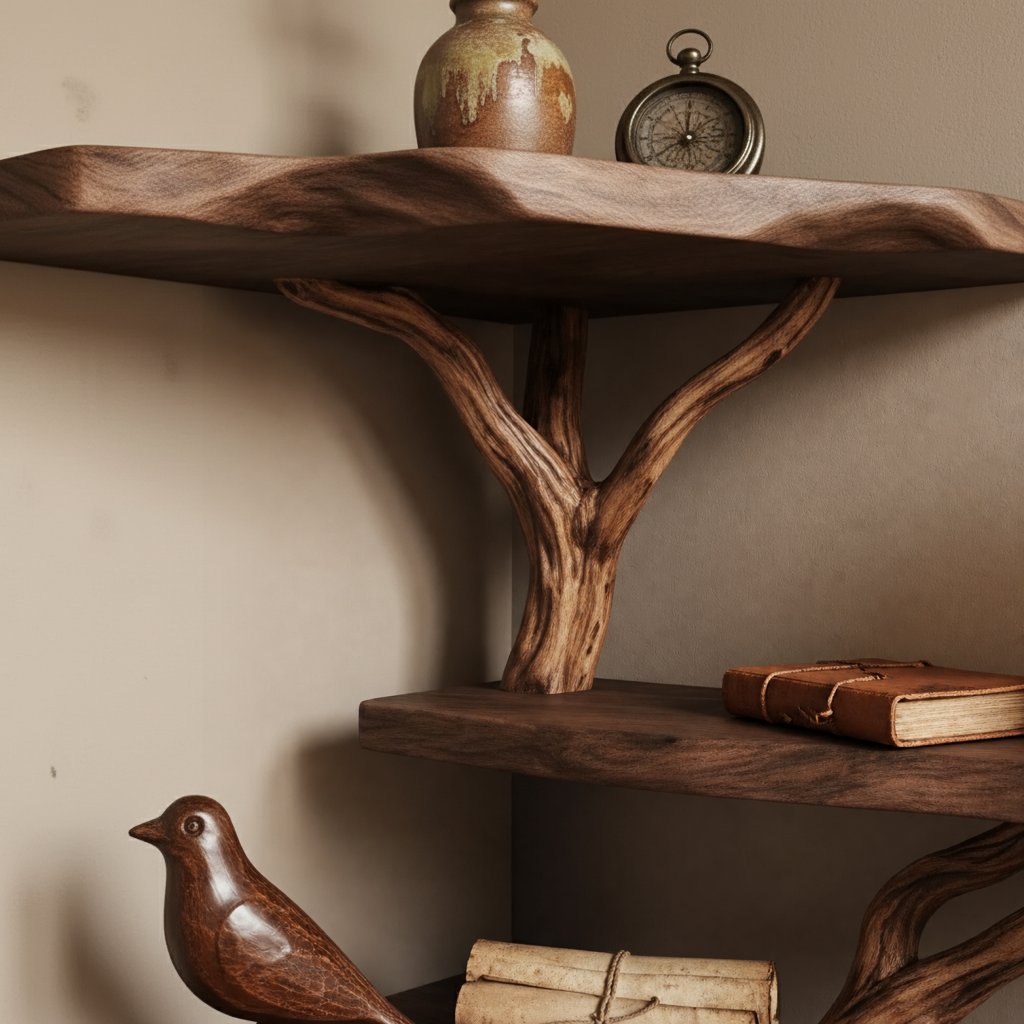 Solid Wood Live-Edge Floating Wall Shelf with Branch Bracket for Entryway