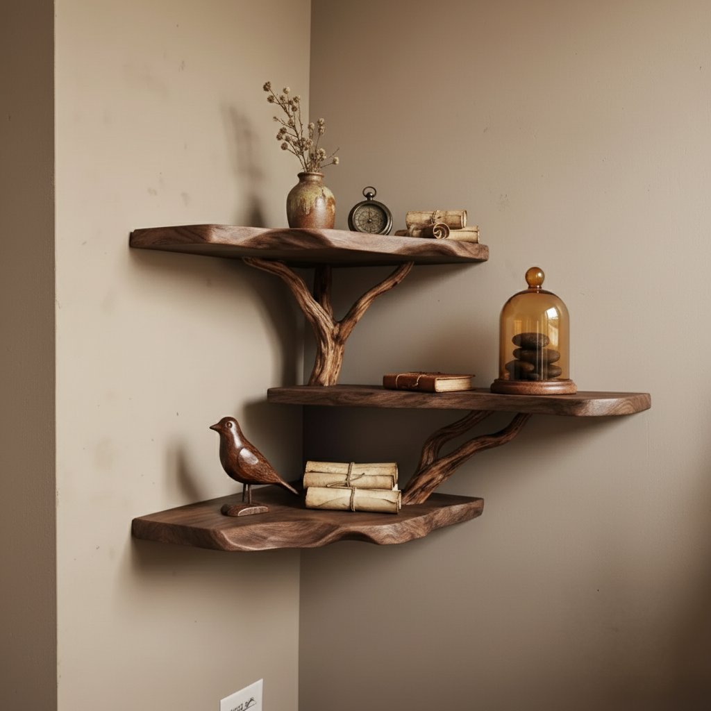 Solid Wood Live-Edge Floating Wall Shelf with Branch Bracket for Entryway